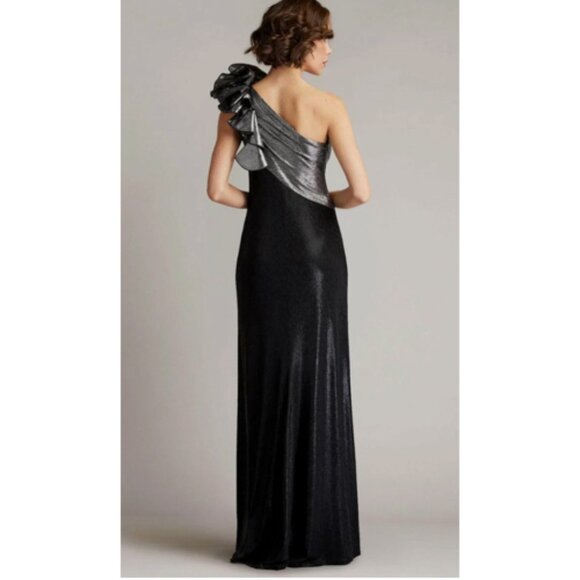 NWT Tadashi Shoji Korra Taffeta Crepe One shoulder Gown Dress Steel Black Size S - Picture 2 of 2